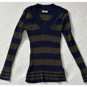 Energie Y2K Style Preppy Blue Green Striped Long Sleeve V Neck Sweater Large